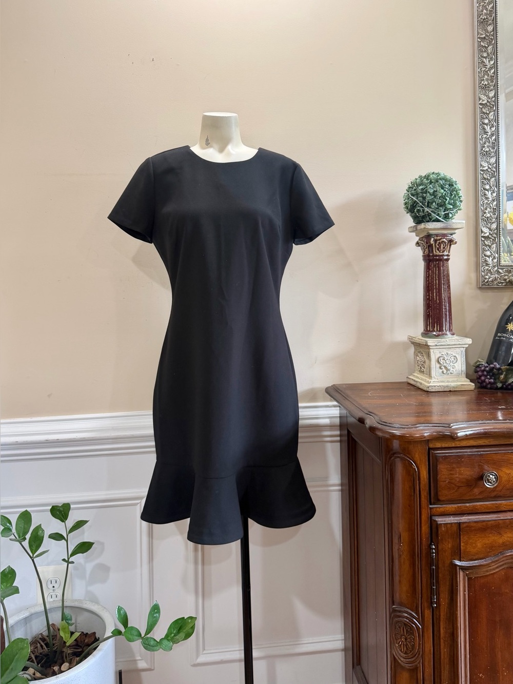 Likely Elegant Black Short-Sleeve Ruffle-Hem Dress